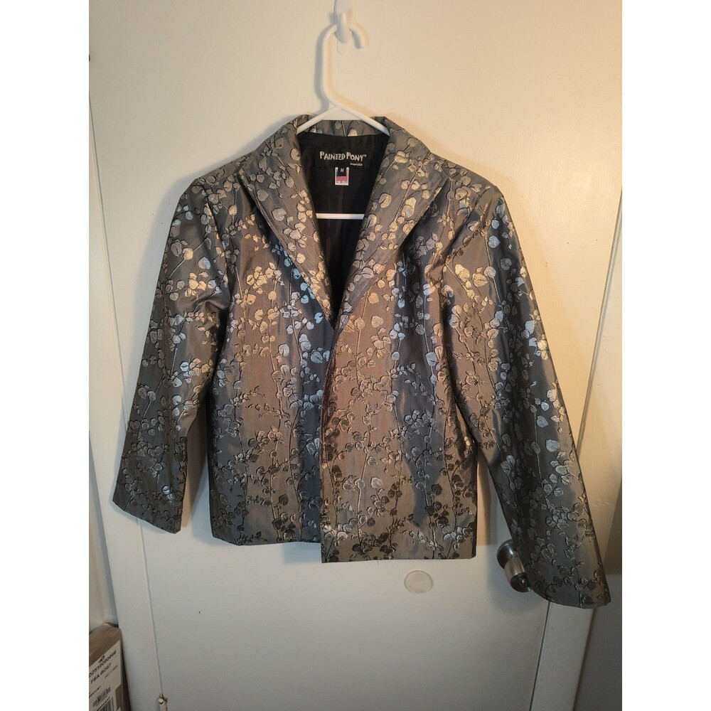 Vtg 90s Painted Pony Metallic Floral Jacquard Jacket Womens M Gray Silver USA